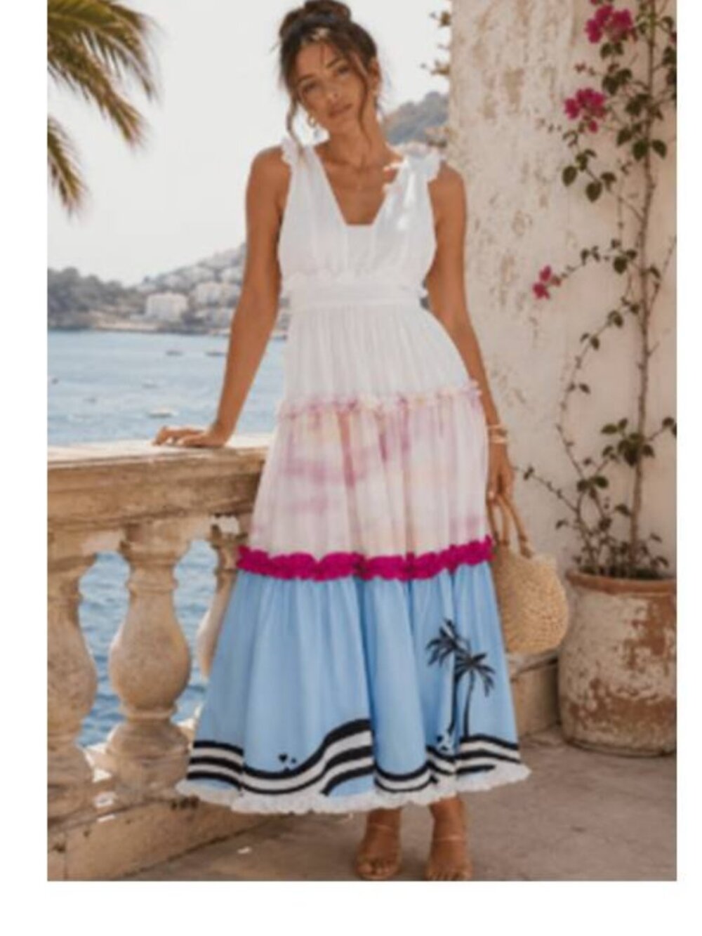 Beulah Women's Tropical Tiered Maxi Dress Cotton Elegant Beach Party White